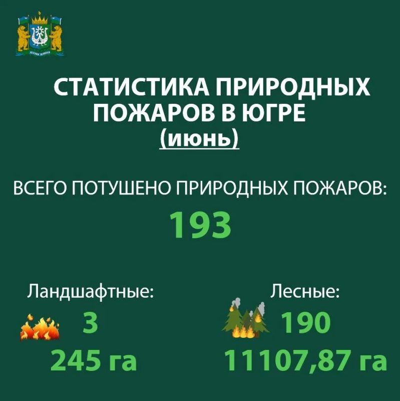 Делимся статистикой тушения природных пожаров в Югре в июне: ликвидировано 193 природных возгорания: 190 лесных пожаров на площади 11107,87 га, в том числе два возгорания на землях ООПТ федерального значения на площади 48,4...