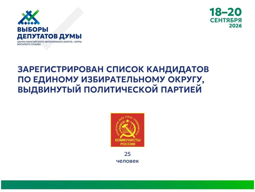 Избирательная комиссия Югры зарегистрировала единый список кандидатов в депутаты Думы Ханты-Мансийского автономного округа – Югры восьмого созыва, выдвинутый избирательным объединением Ханты-Мансийское окружное отделение...