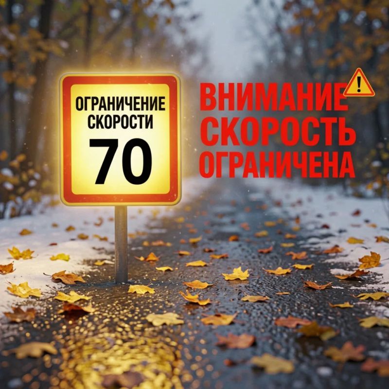 Внимание!. В связи с ухудшением погодных условий (сильный снег с дождём) введено временное ограничение скорости 70 км/ч: